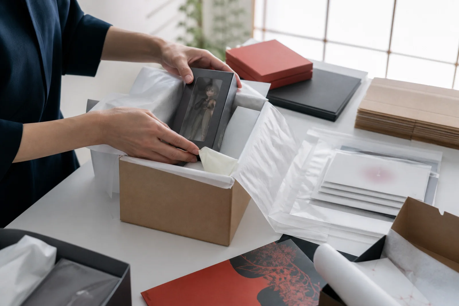 Hands inspecting and carefully packing goods